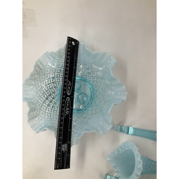 FENTON Glass 10" Flower EPERGNE Sea Blue Opalescent Hobnail Diamond Lace, MINT!! - Picture 12 of 16